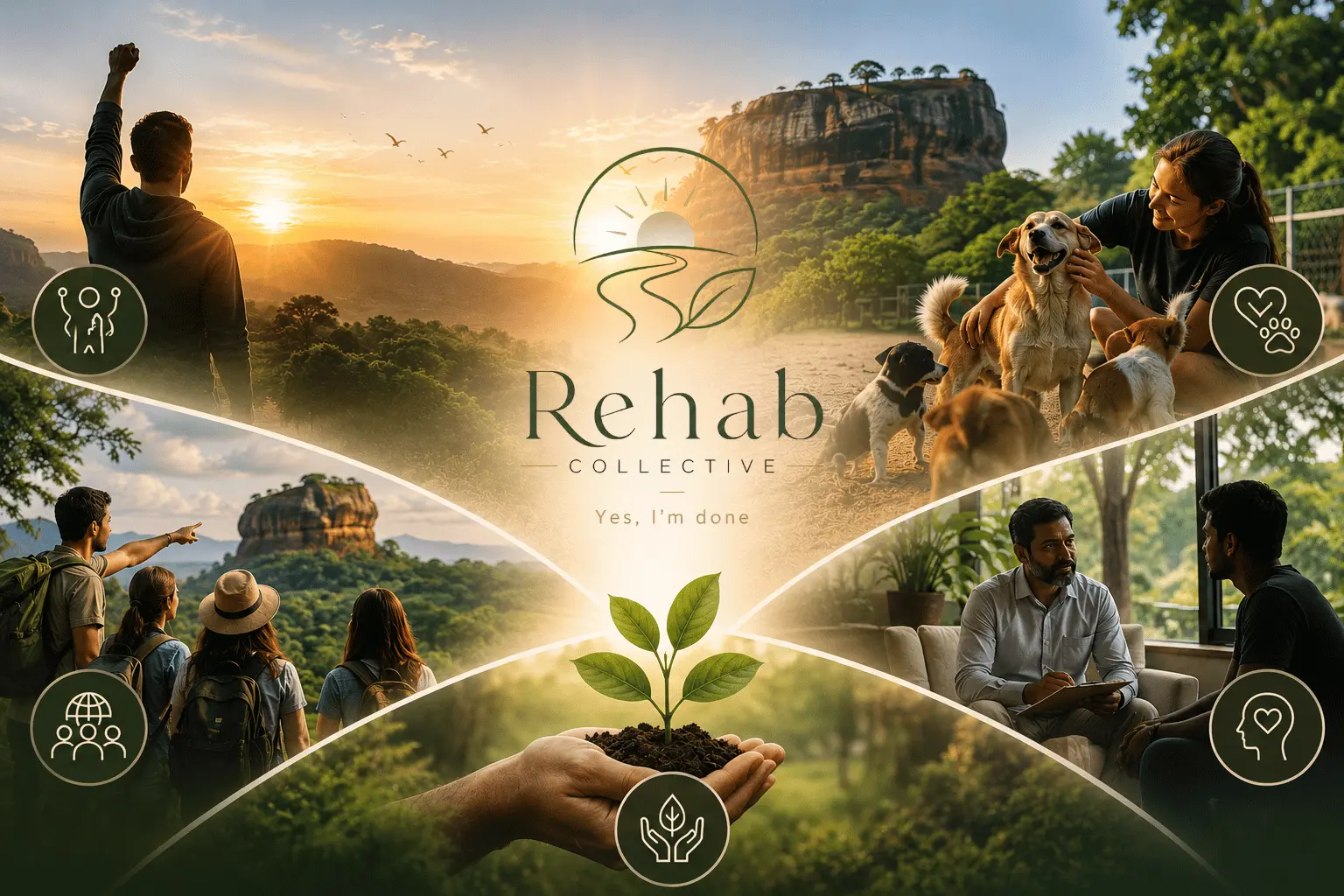 Rehab Collective objectives visual showing youth recovery, animal welfare, tourism engagement, mental wellbeing, and environmental care